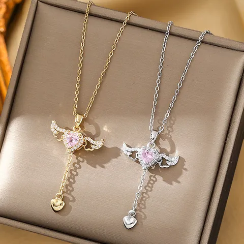 Cupid Angel Wing Heart Necklace Stainless Steel Gold Silver Plated Copper Zirconia Tassel Jewelry For Women Gift