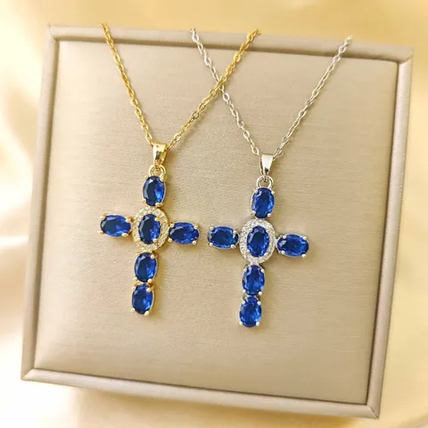 Fashion Copper Colored Zirconia Cross Pendant Necklace For Women Micro Inlaid Gold Silver Plated Clavicle Chain Jewelry Gift