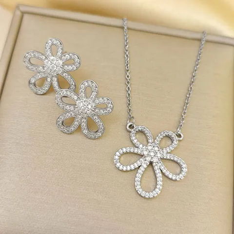 Fashion Stainless Steel Hollow Sunflower Pendant Necklace And Zirconia Earring Jewelry Set Gold Silver For Women Gift