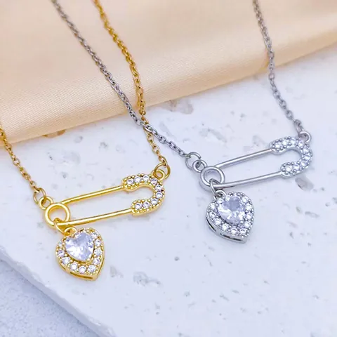 Fashion Titanium Steel Safety Pin Heart Pendant Necklace Gold Silver Plated Zirconia Clavicle Chain For Women Jewelry Gift