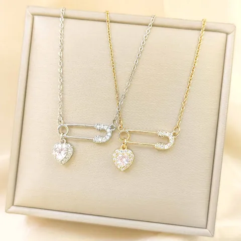 Fashion Titanium Steel Safety Pin Heart Pendant Necklace Gold Silver Plated Zirconia Clavicle Chain For Women Jewelry Gift