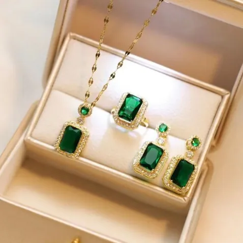 Vintage Emerald Green Zirconia Necklace Earrings Ring Titanium Steel Gold Plated Rectangular Gemstone Jewelry For Women
