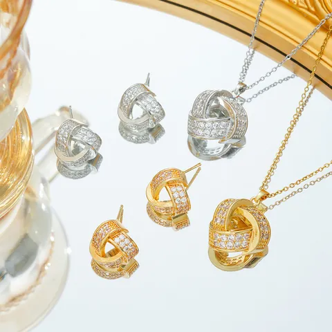Titanium Steel Triangle Knot Zirconia Necklace And Earrings Collection With Silver Earring Post Elegant Women Jewelry