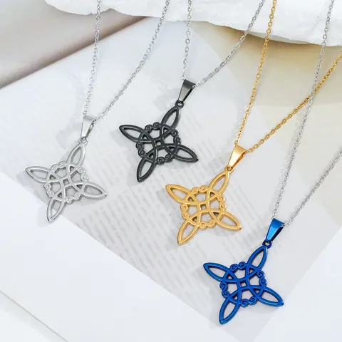 Stainless Steel Witch's Knot Pendant Necklace Celtic Knot Geometric Cross Line Jewelry For Women Retro Ethnic Style Gift