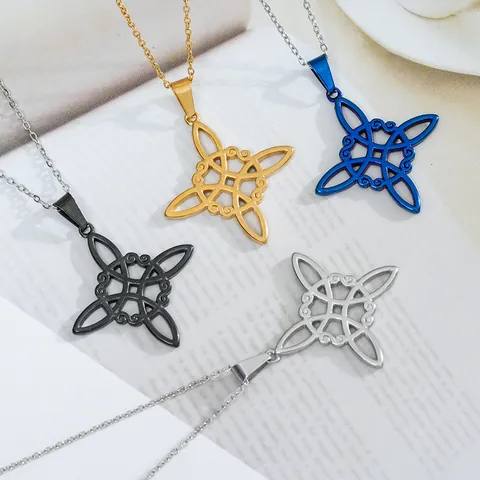 Stainless Steel Witch's Knot Pendant Necklace Celtic Knot Geometric Cross Line Jewelry For Women Retro Ethnic Style Gift