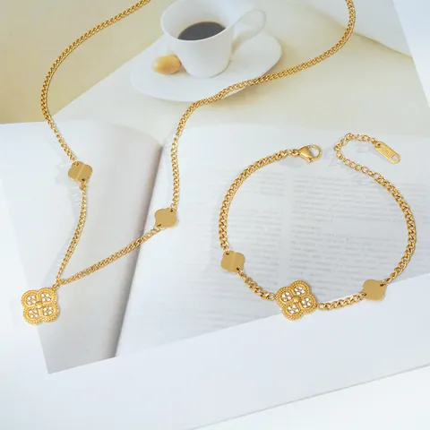 Elegant Gold Plated Stainless Steel Four Leaf Clover Necklace Bracelet Jewelry With Zirconia For Women Daily Fashion