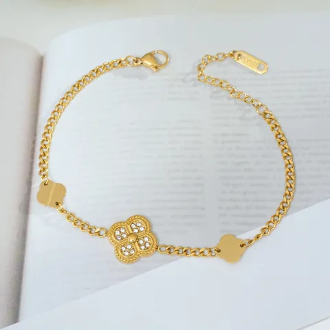 Elegant Gold Plated Stainless Steel Four Leaf Clover Necklace Bracelet Jewelry With Zirconia For Women Daily Fashion