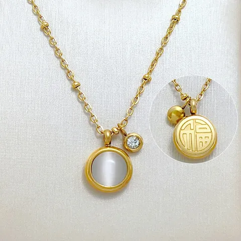 Titanium Steel Cat Eye Stone Pendant Necklace For Women Round Zirconia Rhinestone Gold Silver Plated Jewelry Gift
