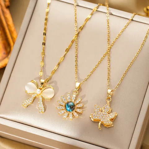 Titanium Steel Chain Gold Plated Copper Zirconia Pendant Necklace For Women Elegant Flower Maple Leaf Bowknot Planet Jewelry