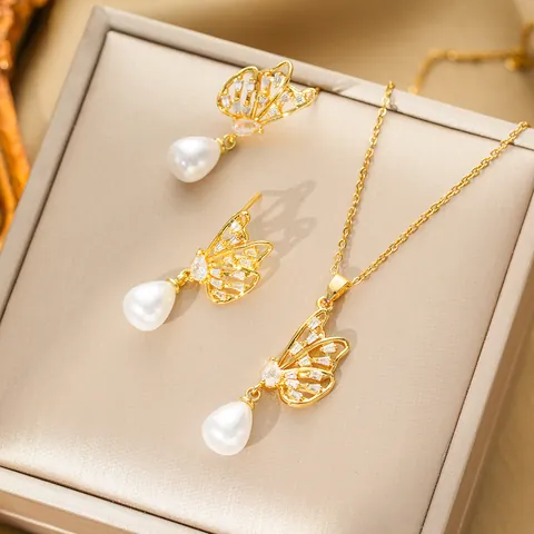Elegant Butterfly Pendant Necklace Earrings Jewelry Set Stainless Steel Gold Plated Copper Cubic Zirconia Faux Artificial Pearl For Women