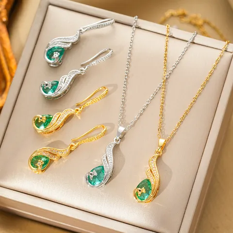 Titanium Steel Phoenix Jewelry Set Emerald Green Zirconia Necklace And Peacock Stud Earrings For Women Fashion Jewelry