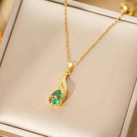 Titanium Steel Phoenix Jewelry Set Emerald Green Zirconia Necklace And Peacock Stud Earrings For Women Fashion Jewelry