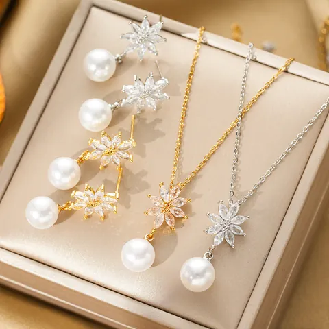 Titanium Steel Flower Zircon Artificial Pearl Pendant Necklace And Earrings Elegant Tassel Fashion Jewelry For Women Wedding Party