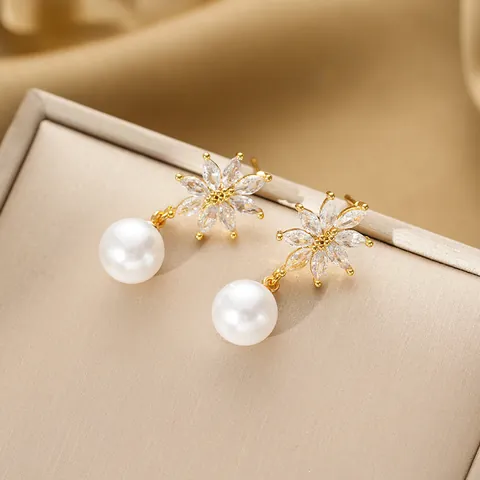 Titanium Steel Flower Zircon Artificial Pearl Pendant Necklace And Earrings Elegant Tassel Fashion Jewelry For Women Wedding Party