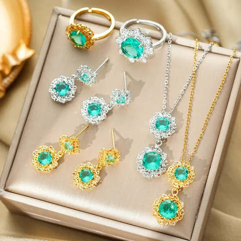 Vintage Titanium Steel Green Zirconia Flower Necklace Earrings And Ring Gold Silver Plated Luxury Jewelry For Women Wedding