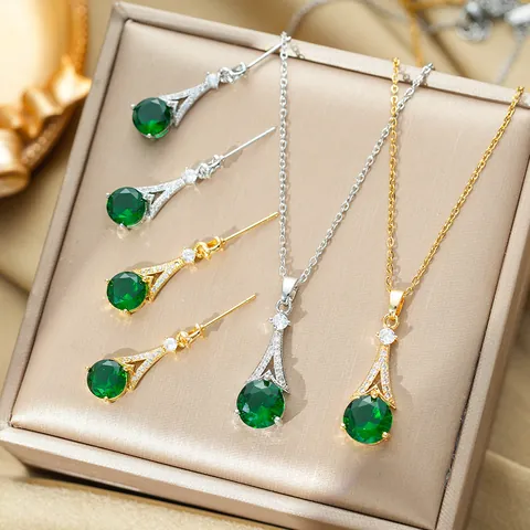 Luxury Eiffel Tower Necklace And Earrings Jewelry Titanium Steel Gold Silver Plated Green Zircon Pendant For Women