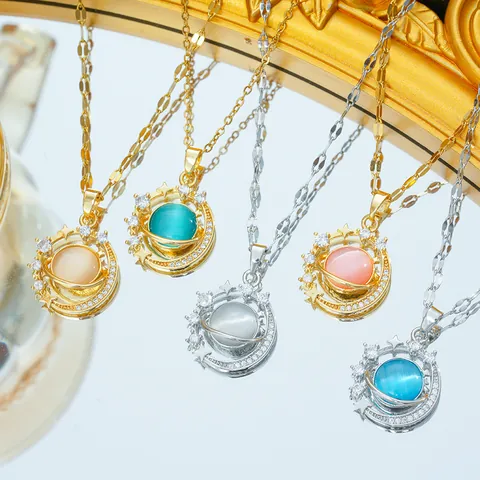 Planet Series Necklace Stainless Steel Chain Gold Plated Copper Zircon Galaxy Moon Star Astronaut Pendant Jewelry For Women