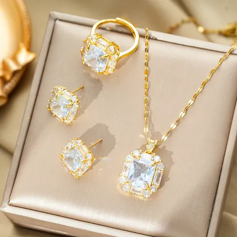 Vintage Titanium Steel Square Zirconia Jewelry Set With Necklace Stud Earrings And Adjustable Ring Gold Bridal Party Women Accessories