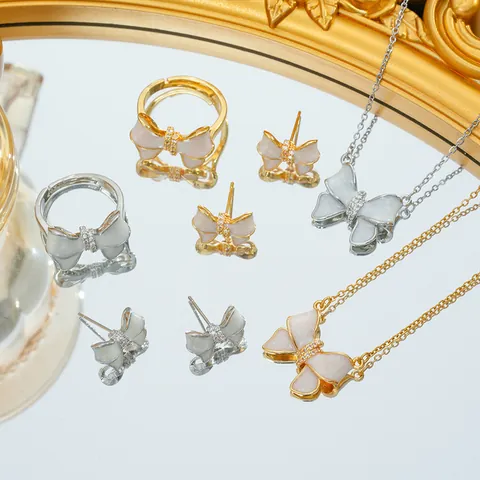 Elegant Bow Necklace Earrings Ring For Women Sweet Zircon Titanium Steel Pendant Necklace Fashion Commute Jewelry Collection
