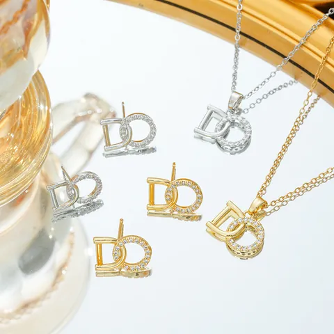 Geometric Titanium Steel Zirconia Necklace And Earring Set Interlocking Circle Letter D Gold Silver Plated Jewelry For Women