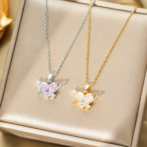 Fashion Titanium Steel Heart Planet Pendant Necklace With Zirconia Gold Silver Plated Clavicle Chain Jewelry For Women Gift