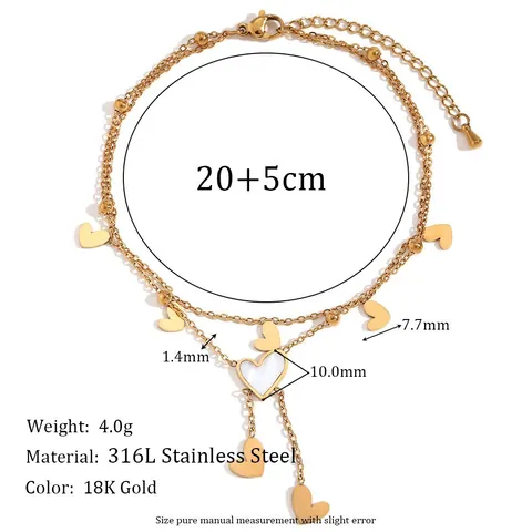 Tobillera de Doble Capa de Corazón de Nácar con Borla para Mujer Chapado en Oro de Acero Inoxidable Joyería Ajustable