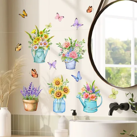 Aquarelle Fleur en Pot Papillon Stickers Muraux Tournesol Lavande Amovible PVC Décalcomanie Pour Salon Chambre Décoration
