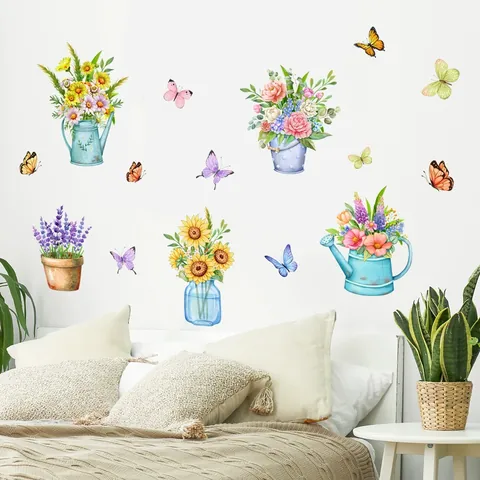 Aquarelle Fleur en Pot Papillon Stickers Muraux Tournesol Lavande Amovible PVC Décalcomanie Pour Salon Chambre Décoration