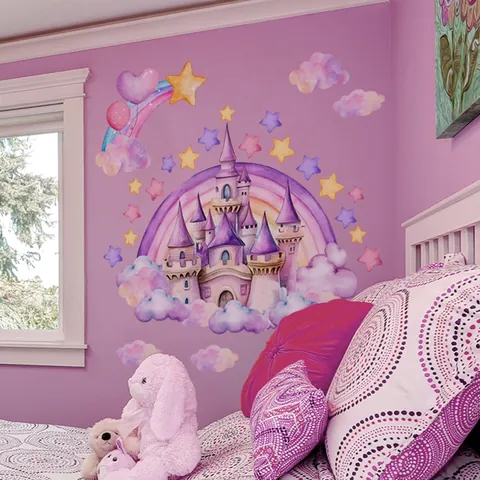 Dreamy Watercolor Castle Unicorn Hot Air Balloon Wall Stickers For Nursery Kids Room PVC Self Adhesive Decals Home Decor