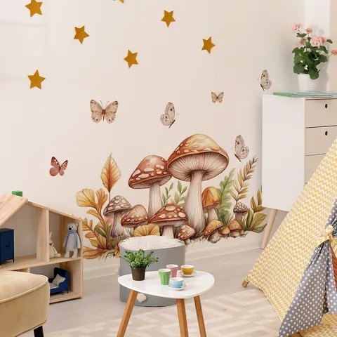 Mushroom Butterfly Wall Stickers Vintage Hand Painted Style PVC Decals For Kids Room Nursery Bedroom Home Decor