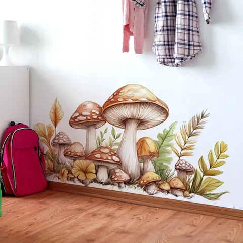 Mushroom Butterfly Wall Stickers Vintage Hand Painted Style PVC Decals For Kids Room Nursery Bedroom Home Decor