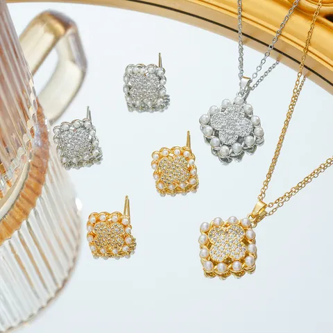 Elegant Titanium Steel Four Leaf Clover Jewelry Set Zirconia Pave Artificial Pearl Border Gold Silver Necklace Earrings For Women