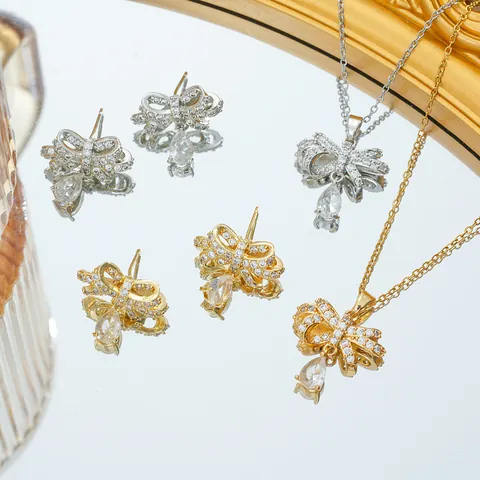 Titanstahl Schleife Zirkonia Halskette Und Ohrringe Schmuck Gold Silber Wassertropfen Anhänger Für Damen Hochzeit Party Elegantes Accessoires
