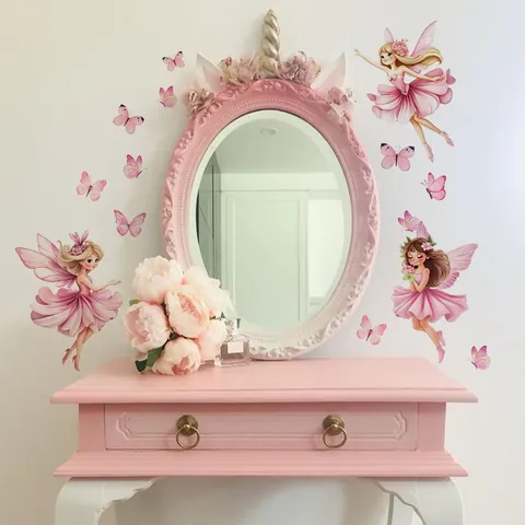 Rosa Fee Und Schmetterling Wandaufkleber PVC Abnehmbare Aquarell Fee Wandtattoo Für Mädchen Kinderzimmer Wohnzimmer Deko