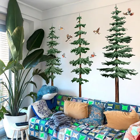 Hand-Painted Pine Tree And Birds Wall Stickers For Kids Room Background Waterproof PVC Forest Theme Decorative Wall Decals