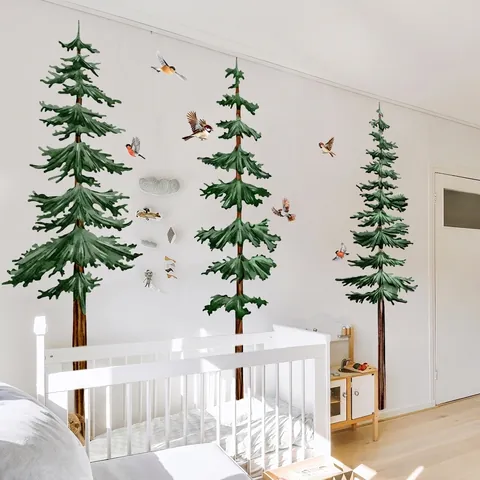 Hand-Painted Pine Tree And Birds Wall Stickers For Kids Room Background Waterproof PVC Forest Theme Decorative Wall Decals