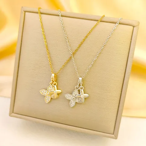 Titanium Steel Double Layer Four Leaf Clover Pendant Necklace For Women Micro Inlaid Zirconia Gold Silver Plated Elegant Fashion Jewelry