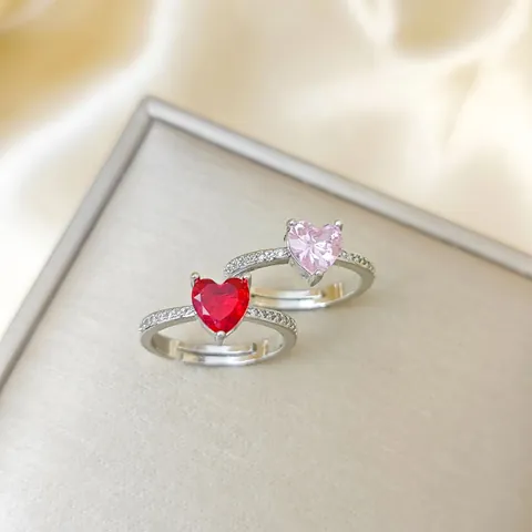 Fashion Zirconia Heart Round Open Adjustable Ring For Women Gold Plated Copper Romantic Jewelry Pink Red Blue Gemstone Ring Gift
