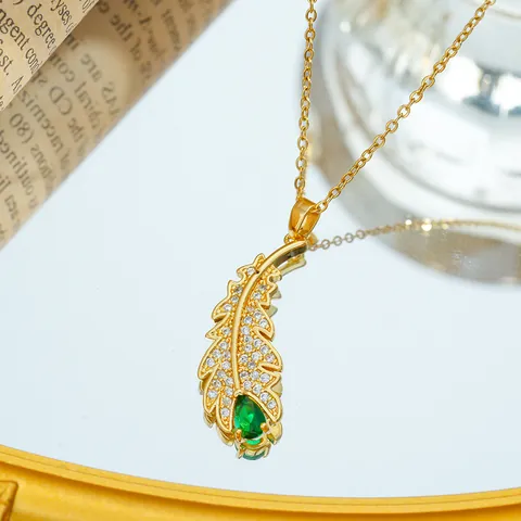 Titanium Steel Feather Necklace Gold Plated Copper Zircon Pendant With Green Stone Elegant Fashion Jewelry For Women