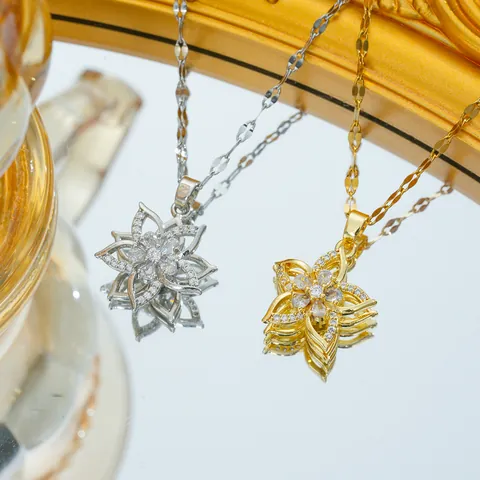 Stainless Steel Rose Flower Pendant Necklace For Women Copper Gold Plated Zirconia Rotating Windmill Fashion Jewelry Gift