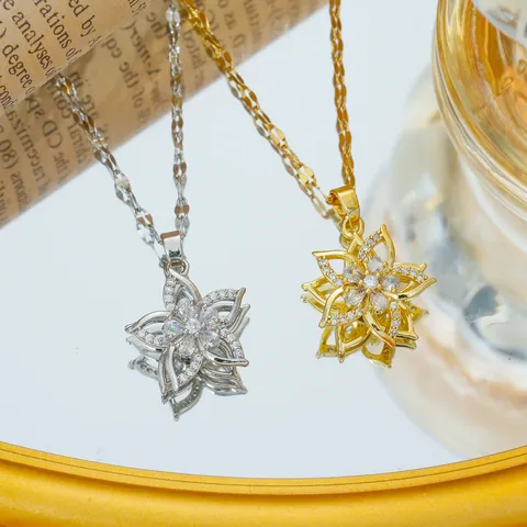 Stainless Steel Rose Flower Pendant Necklace For Women Copper Gold Plated Zirconia Rotating Windmill Fashion Jewelry Gift