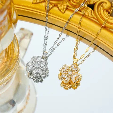 Rotating Four Leaf Clover Flower Pendant Necklace Titanium Steel Gold Silver Plated Micro Set Zirconia Heart Elegant Jewelry For Women