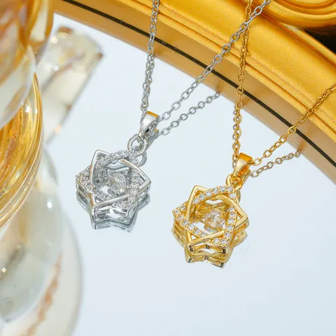 Stainless Steel Chain Copper Zirconia Hexagram Pendant Necklace For Women Dancing Stone Star Of David Choker Party Jewelry
