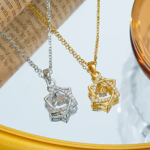 Stainless Steel Chain Copper Zirconia Hexagram Pendant Necklace For Women Dancing Stone Star Of David Choker Party Jewelry