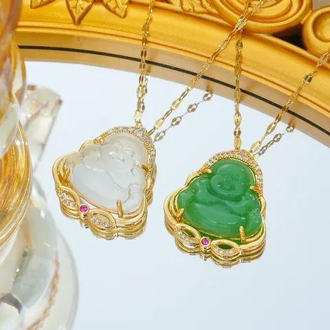 Collar con Colgante de Buda Maitreya de Acero Inoxidable para Mujer Chapado en Oro Circonita Imitación Jade Joyería de Amuleto