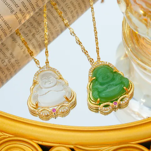 Collar con Colgante de Buda Maitreya de Acero Inoxidable para Mujer Chapado en Oro Circonita Imitación Jade Joyería de Amuleto