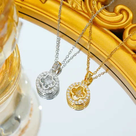 Edelstahl Kleeblatt Tanzender Stein Anhänger Halskette Kupfer Vergoldet Zirkonia Hohl Rund Schlüsselbein Kette Für Damen Mode Schmuck