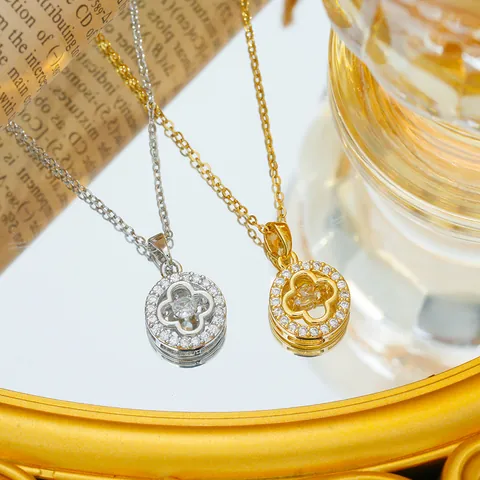 Edelstahl Kleeblatt Tanzender Stein Anhänger Halskette Kupfer Vergoldet Zirkonia Hohl Rund Schlüsselbein Kette Für Damen Mode Schmuck