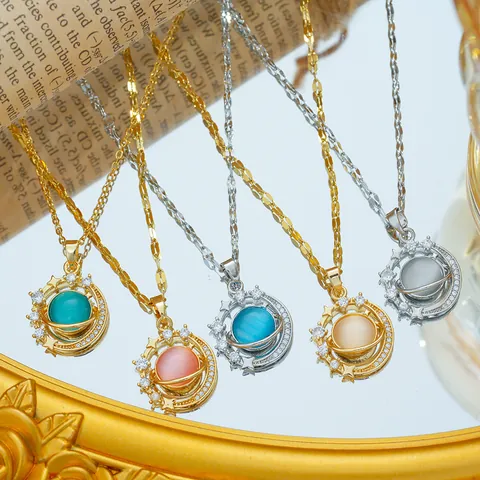 Titanium Steel Starry Sky Planet Pendant Necklace For Women Cat Eye Stone Star Moon Zirconia Inlaid Fashion Jewelry Gift