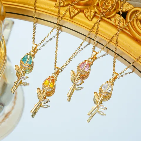 Light Luxury Titanium Steel Zirconia Tulip Rose Flower Pendant Necklace Gold Plated O-Chain Floral Jewelry For Women Daily Gift